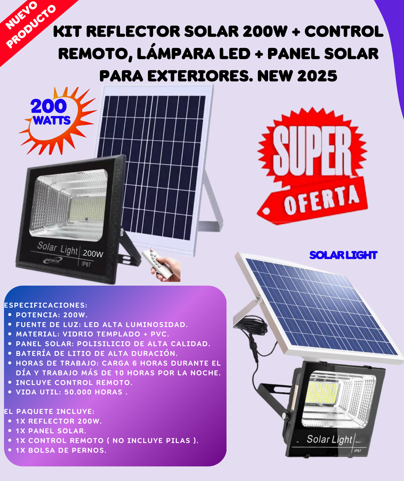 Kit Reflector Solar 200w +Control Remoto